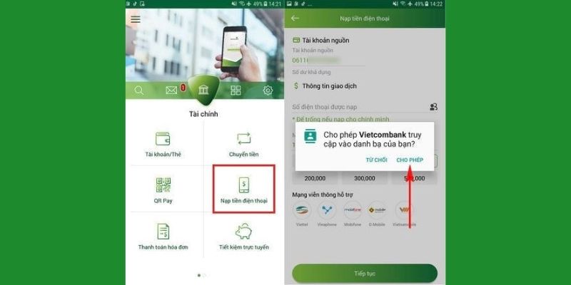 nạp tiền cho điện thoại Online Vietcombank tại Muathe123.vn